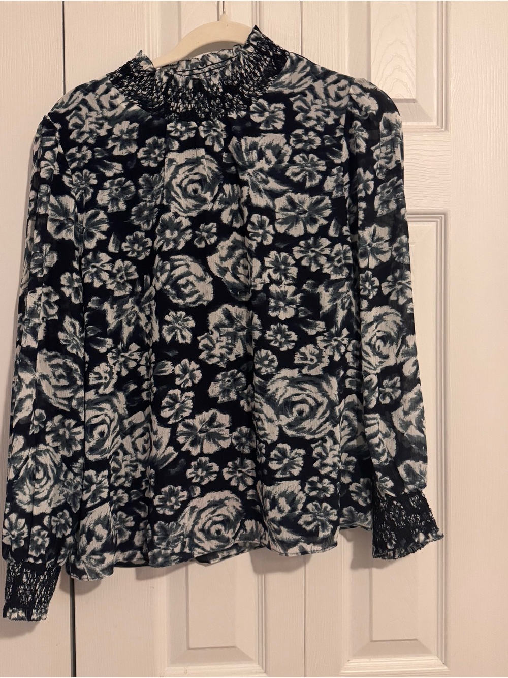 J. Crew Blue Floral Smocked Neck Blouse